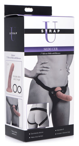 Seducer 7 Inch Silicone Dildo with Harness in Flesh Color Harnesses & Strap-Ons