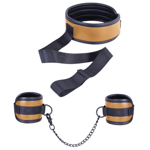 Adjustable Brown Collar with Handcuffs – Velcro Lock, Webbing Strap, 22.4cm Chain > Bondage Gear > Restraints