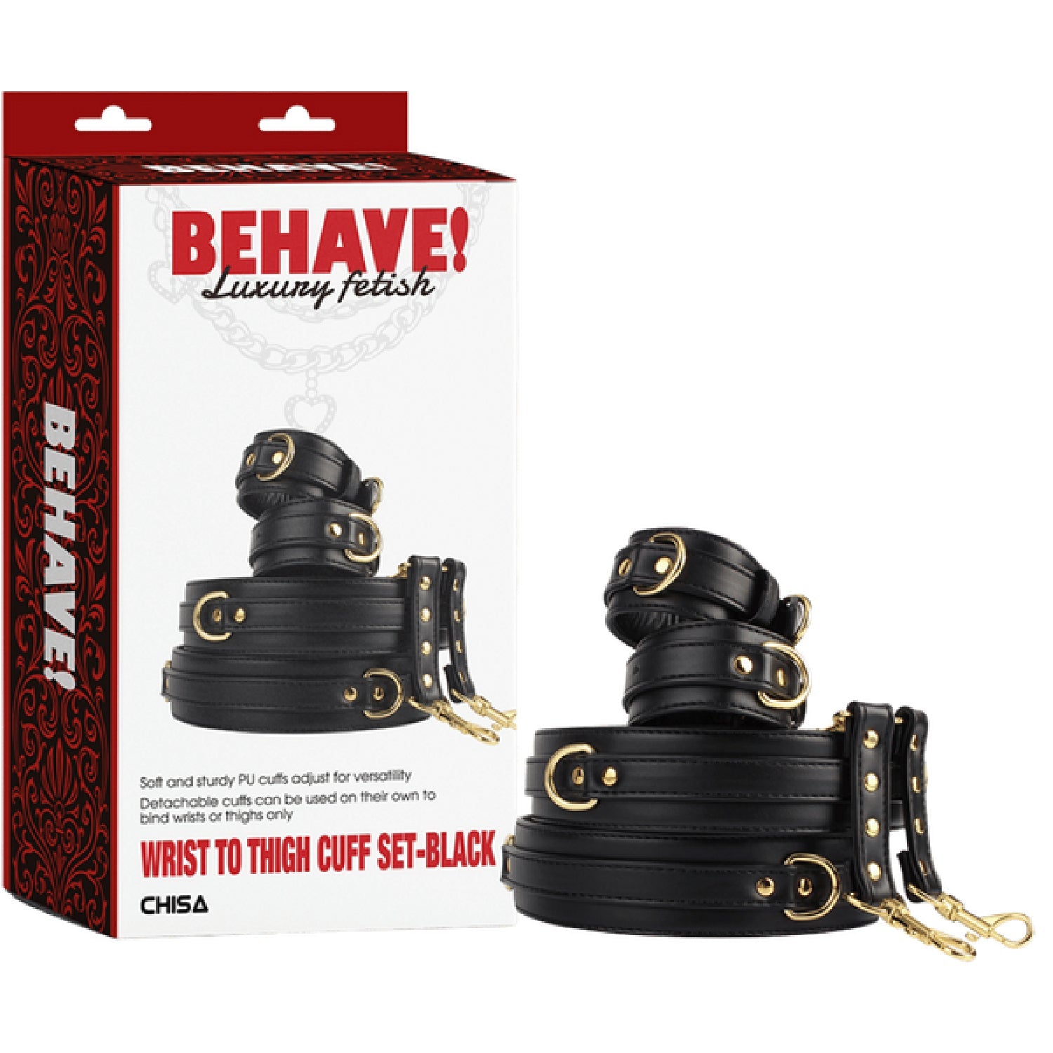 Wrist to Thigh Cuff Set – Adjustable Soft PU Cuffs Restraint Set > Bondage Gear > Restraints Main image