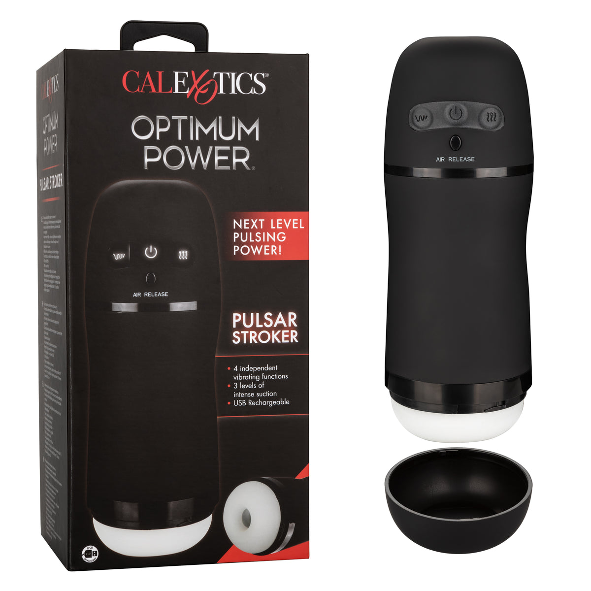 Optimum Power Pulsar Stroker Black Vibrating Masturbator with Suction and Textured Sleeve
