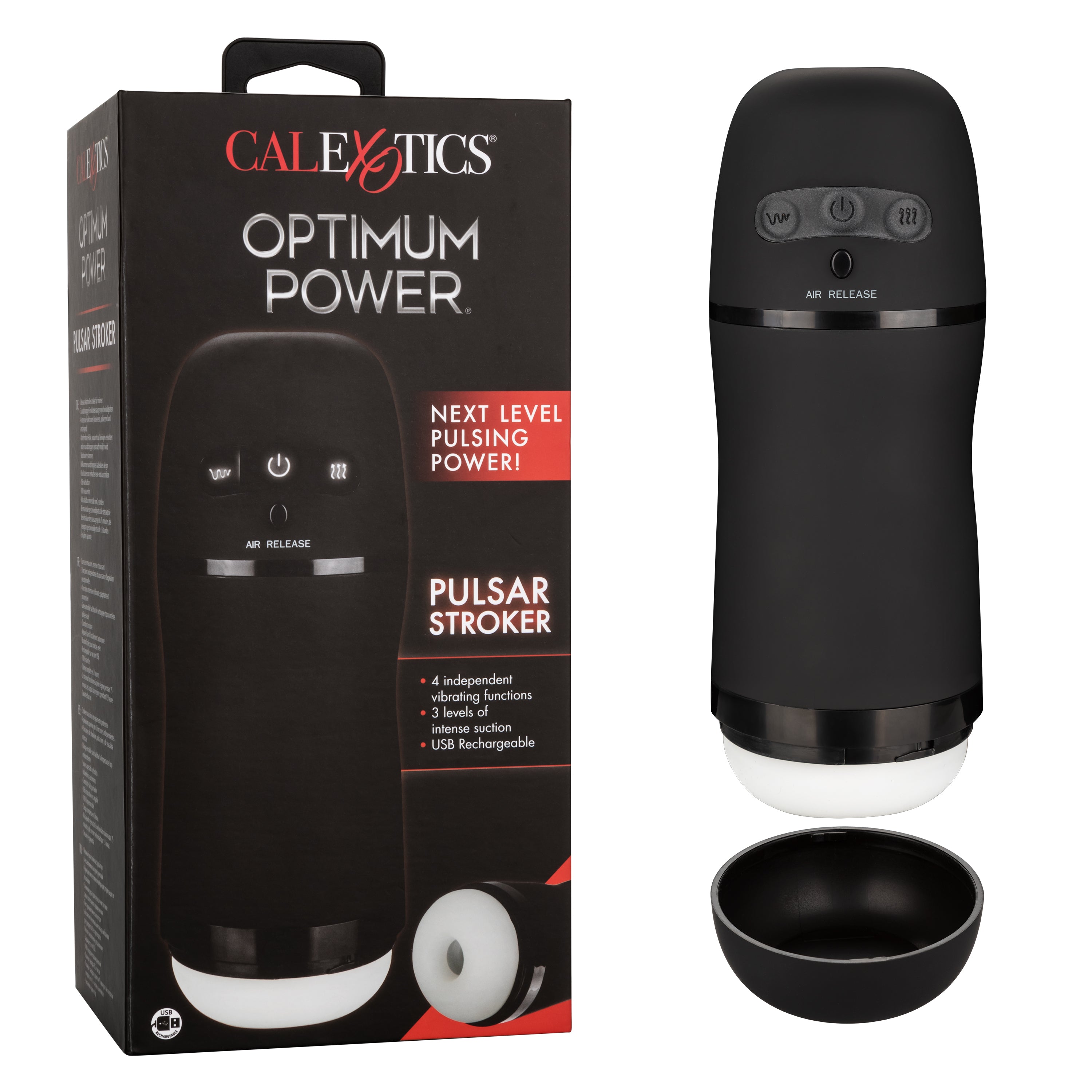 Optimum Power Pulsar Stroker Black Vibrating Masturbator with Suction and Textured Sleeve > Sex Toys For Men > Masturbators Premium