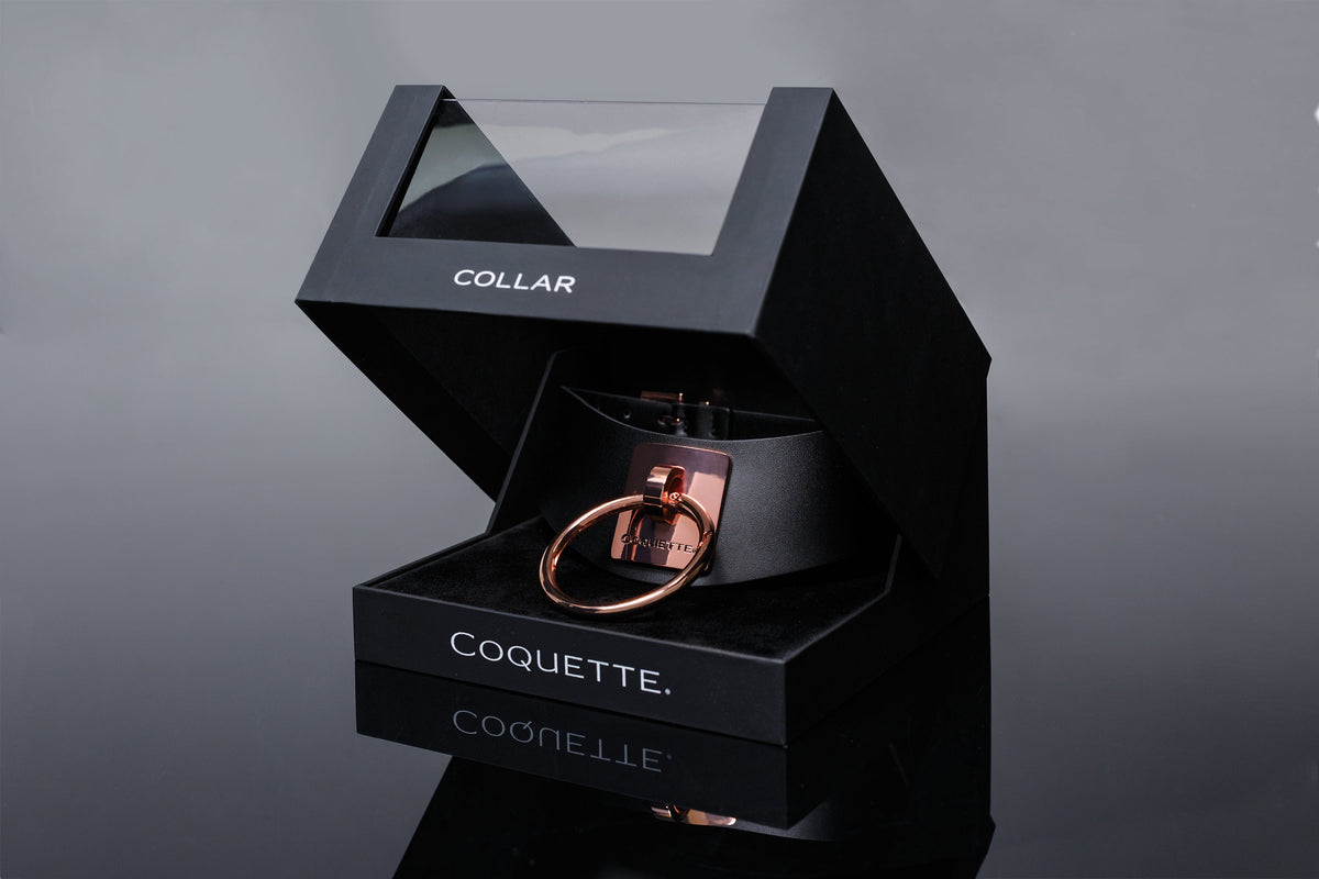 Coquette Collar Black Large Metal Ring Adjustable 13.25-16 Inch Vegan Leather Rose Gold > Bondage Gear > Collars & Leashes