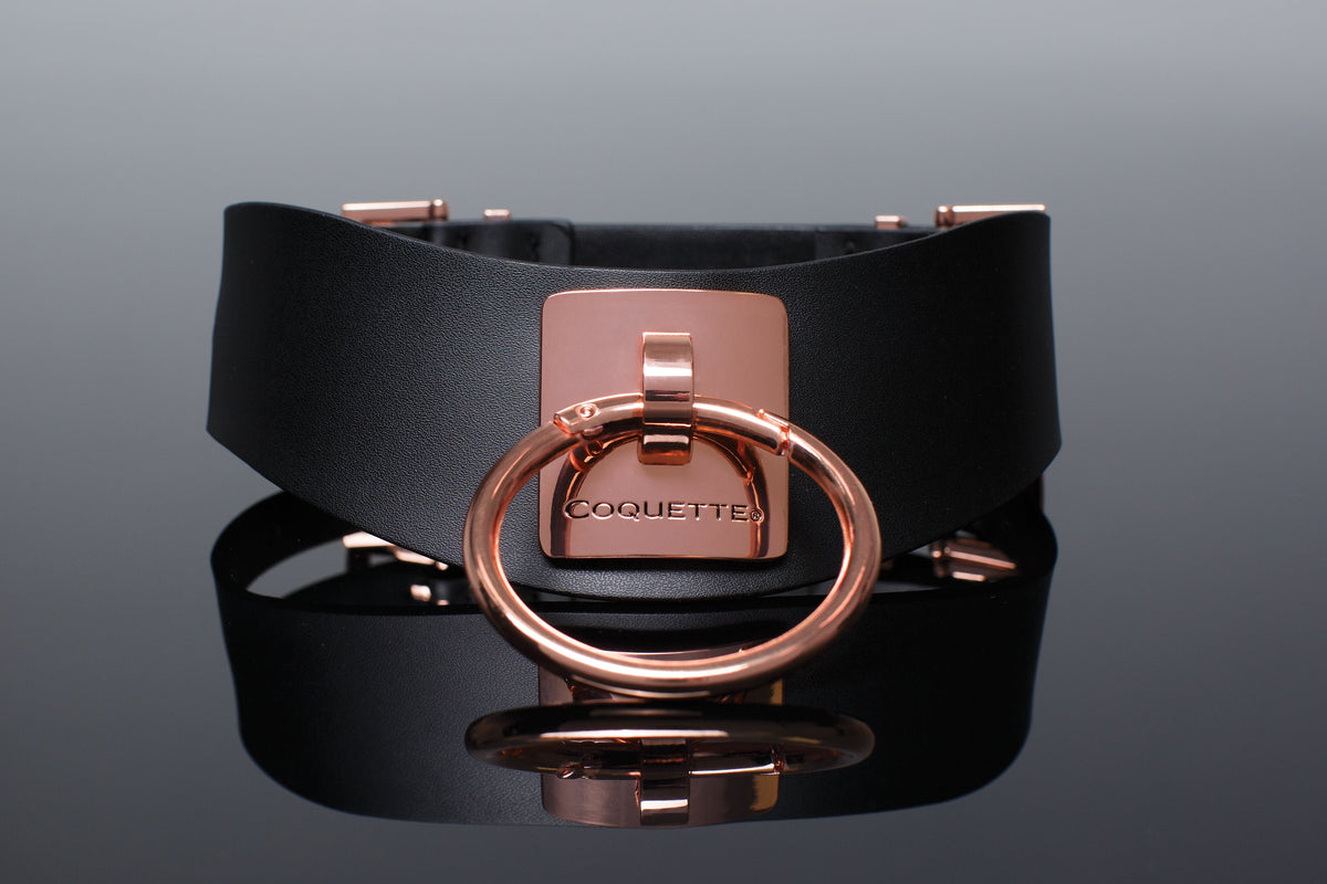 Coquette Collar Black Large Metal Ring Adjustable 13.25-16 Inch Vegan Leather Rose Gold > Bondage Gear > Collars & Leashes