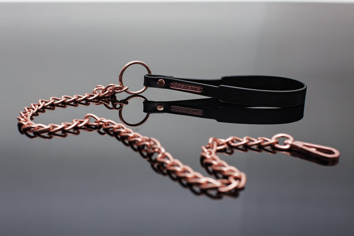 Coquette Chain Leash Black 25.5 Inch with Rose Gold Metal Charm and Vegan Leather Wrist Strap > Clothes > Body Jewellery (Non Piercing)