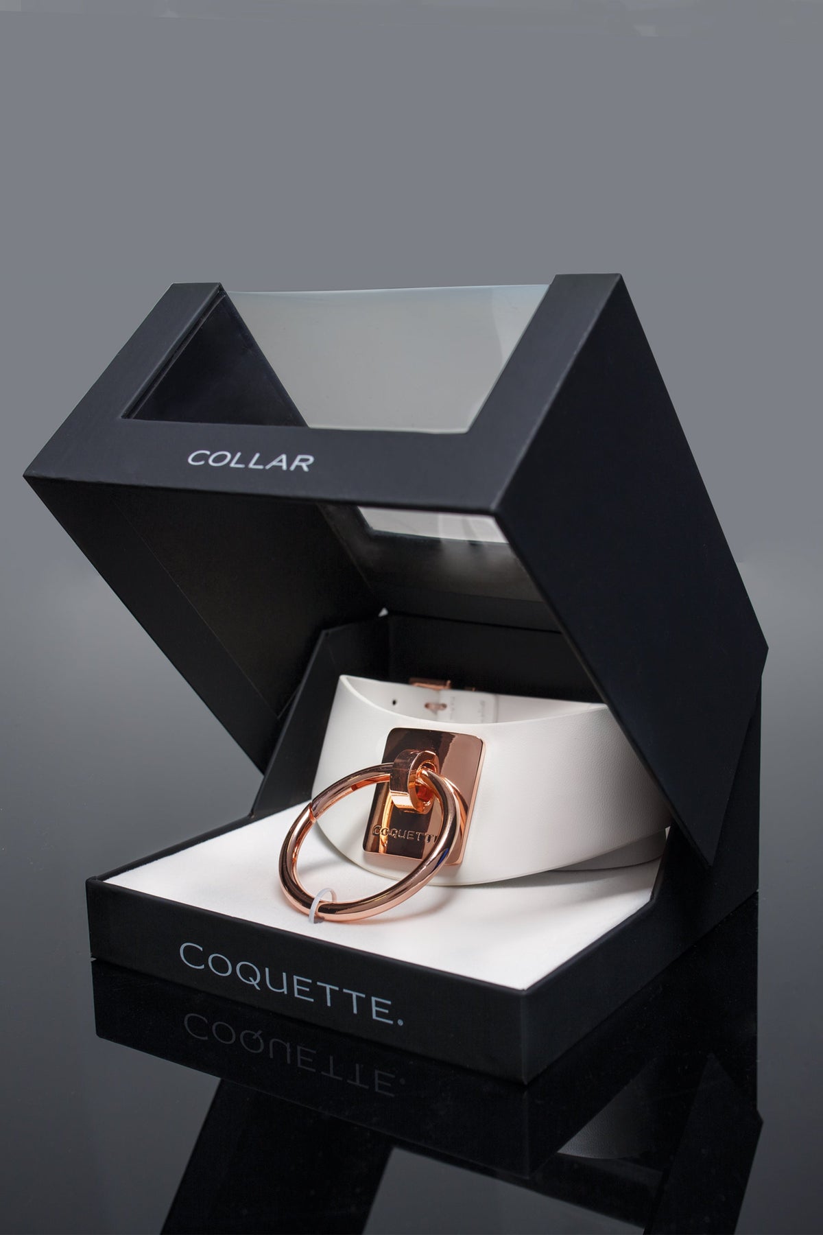 Coquette Choker White with Rose Gold Large Metal Ring Adjustable 13.25–16 Inch Collar > Bondage Gear > Collars & Leashes