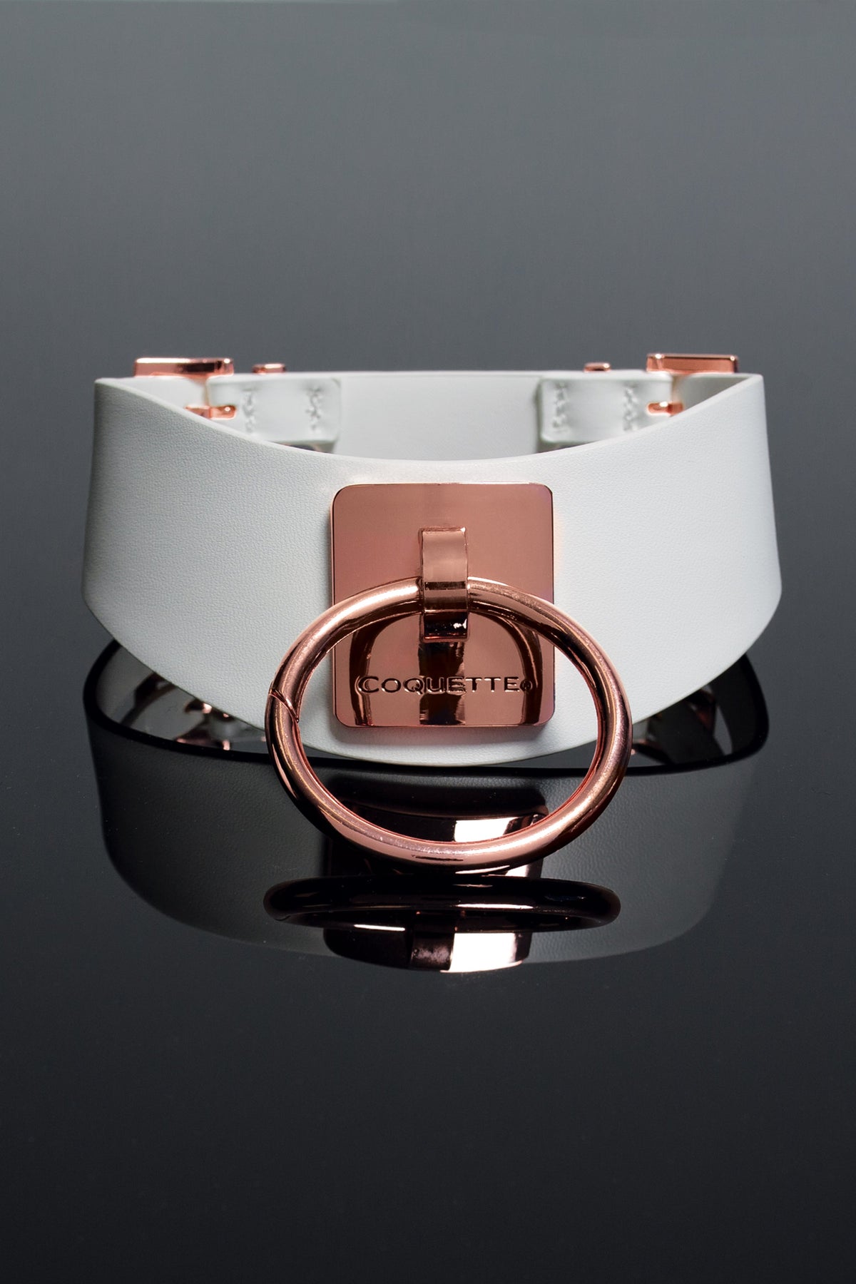 Coquette Choker White with Rose Gold Large Metal Ring Adjustable 13.25–16 Inch Collar > Bondage Gear > Collars & Leashes