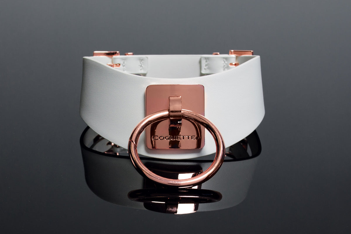 Coquette Choker White with Rose Gold Large Metal Ring Adjustable 13.25–16 Inch Collar > Bondage Gear > Collars & Leashes