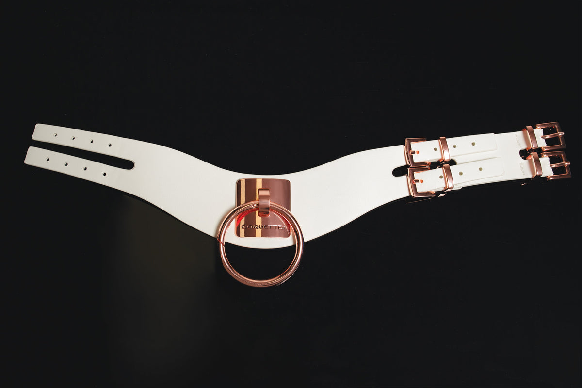 Coquette Choker White with Rose Gold Large Metal Ring Adjustable 13.25–16 Inch Collar > Bondage Gear > Collars & Leashes
