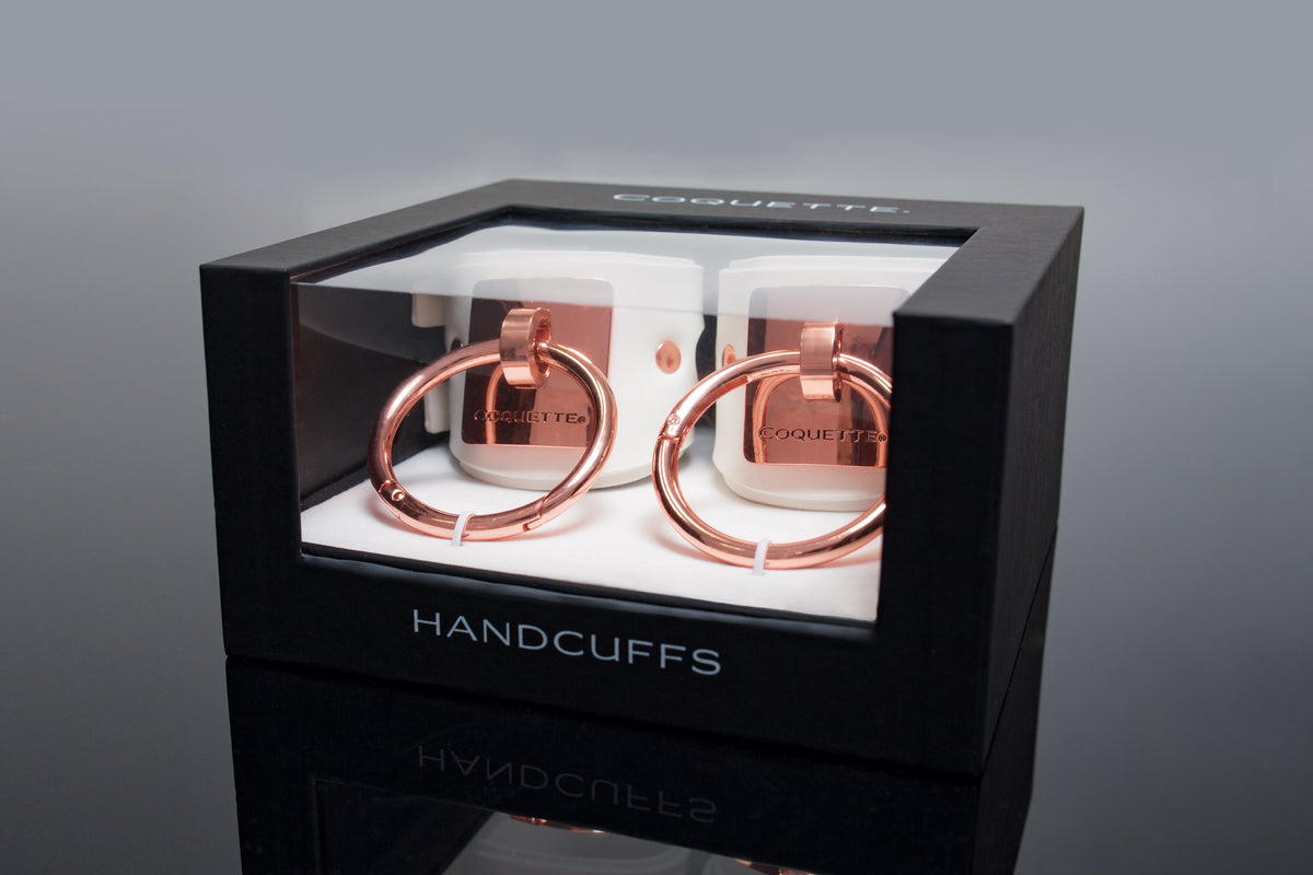 Coquette Cuffs White Adjustable Vegan Leather Handcuffs with Rose Gold Metal Rings 5.9”-8.25” > Bondage Gear > Restraints