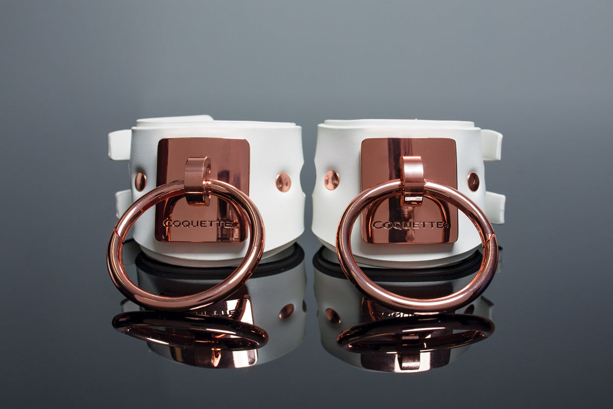 Coquette Cuffs White Adjustable Vegan Leather Handcuffs with Rose Gold Metal Rings 5.9”-8.25” > Bondage Gear > Restraints