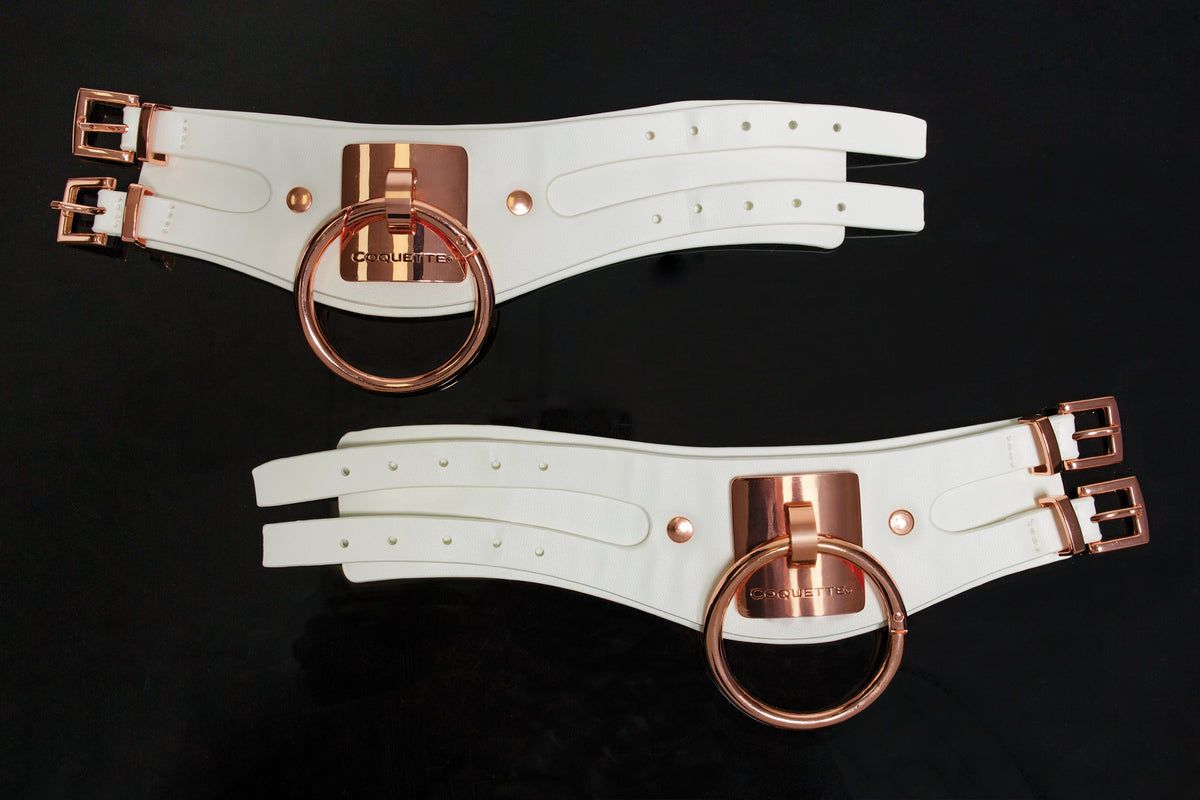 Coquette Cuffs White Adjustable Vegan Leather Handcuffs with Rose Gold Metal Rings 5.9”-8.25” > Bondage Gear > Restraints