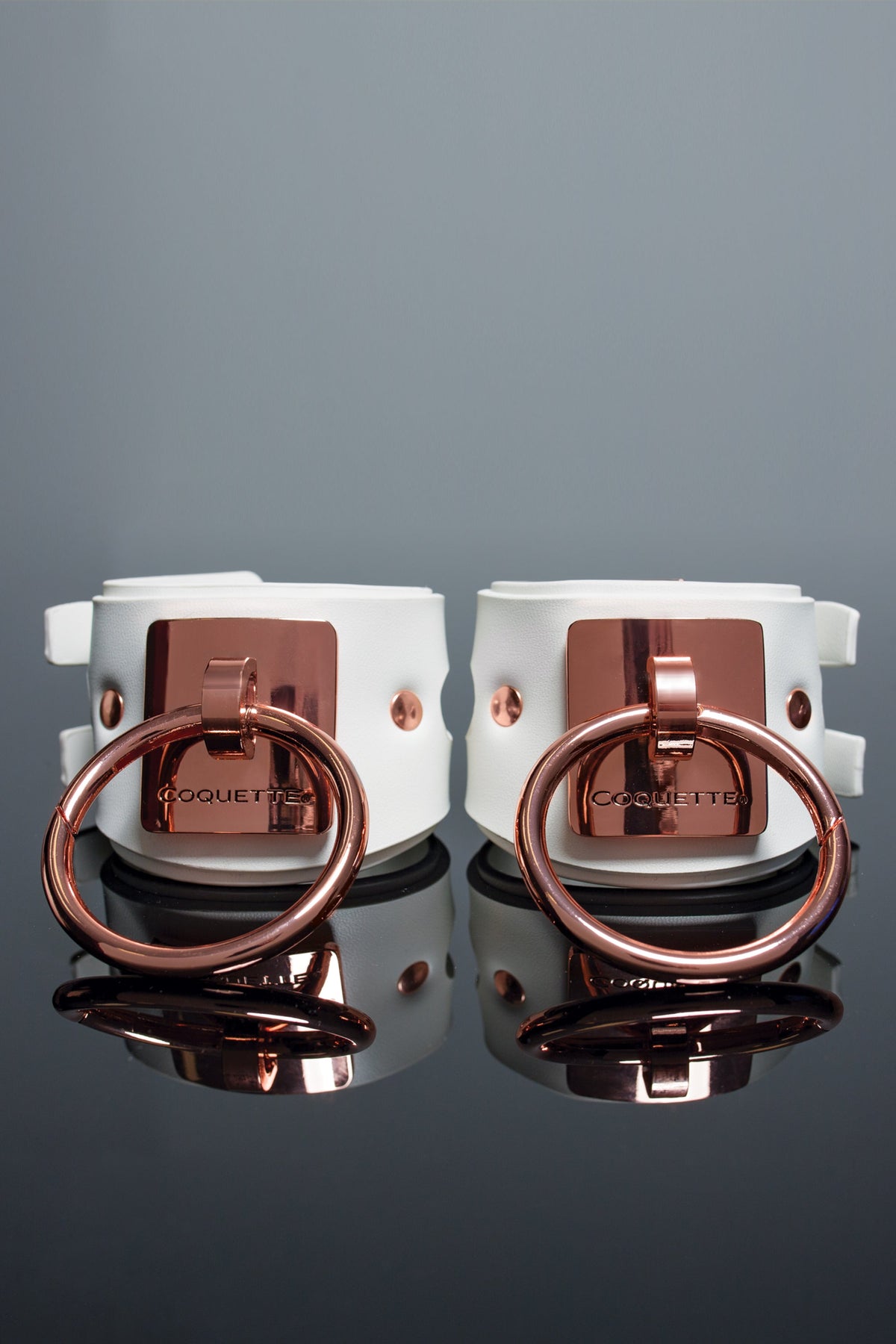 Coquette Cuffs White Adjustable Vegan Leather Handcuffs with Rose Gold Metal Rings 5.9”-8.25” > Bondage Gear > Restraints