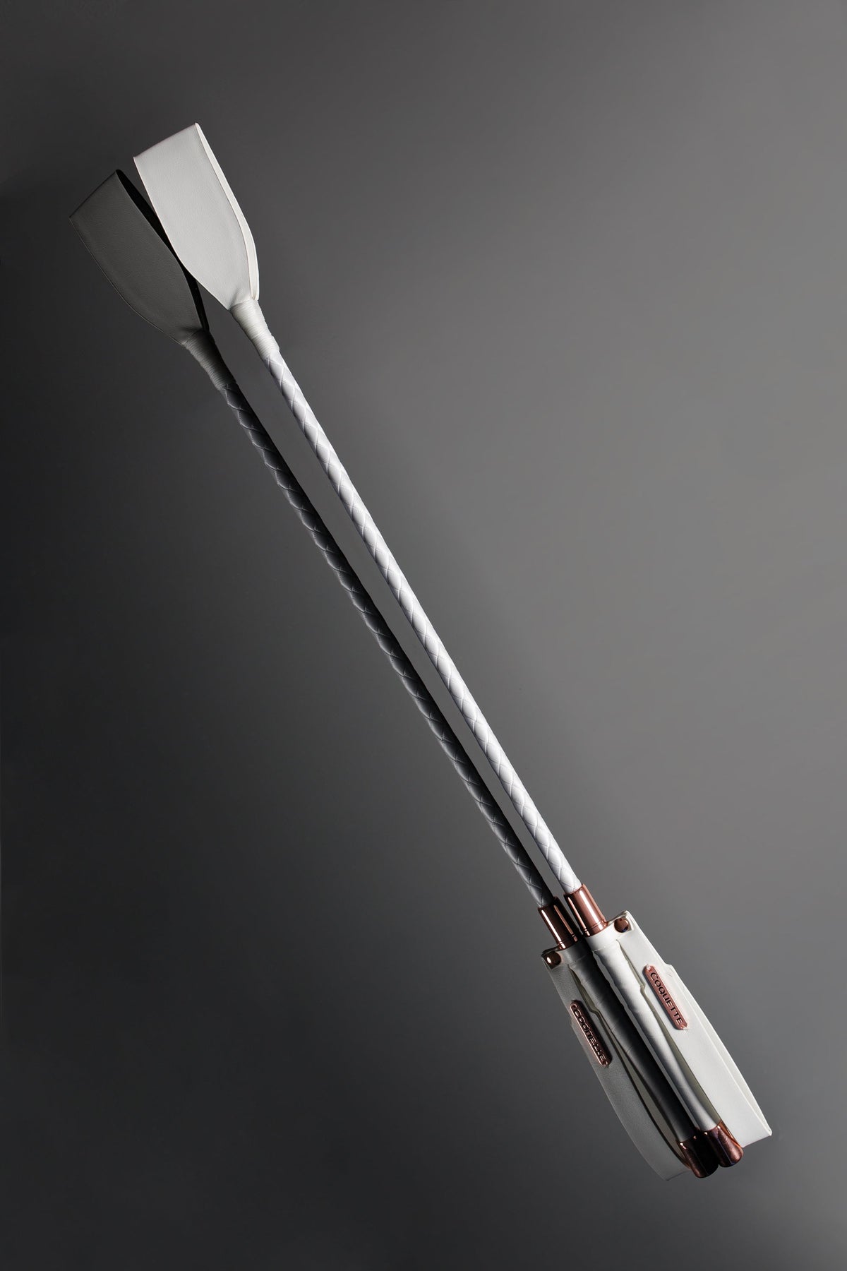 Coquette Crop White Vegan Leather Crop with Matte Finish and Rose Gold Metal Charm 23.5 Inch > Bondage Gear > Crops