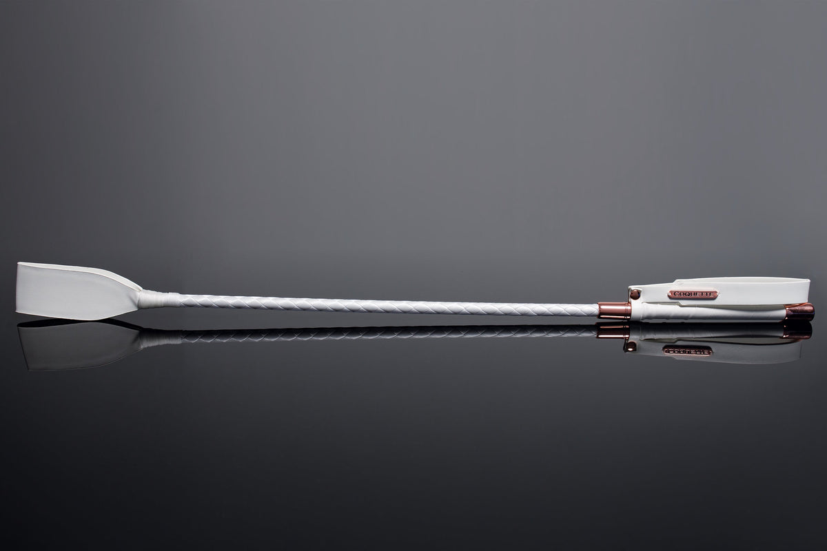 Coquette Crop White Vegan Leather Crop with Matte Finish and Rose Gold Metal Charm 23.5 Inch > Bondage Gear > Crops