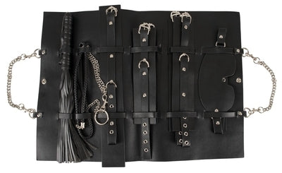 Bad Kitty Fetish Bag Black 11-Piece Polyurethane Fetish Set with Hand and Ankle Cuffs Collar Leash Eye Mask and Whip