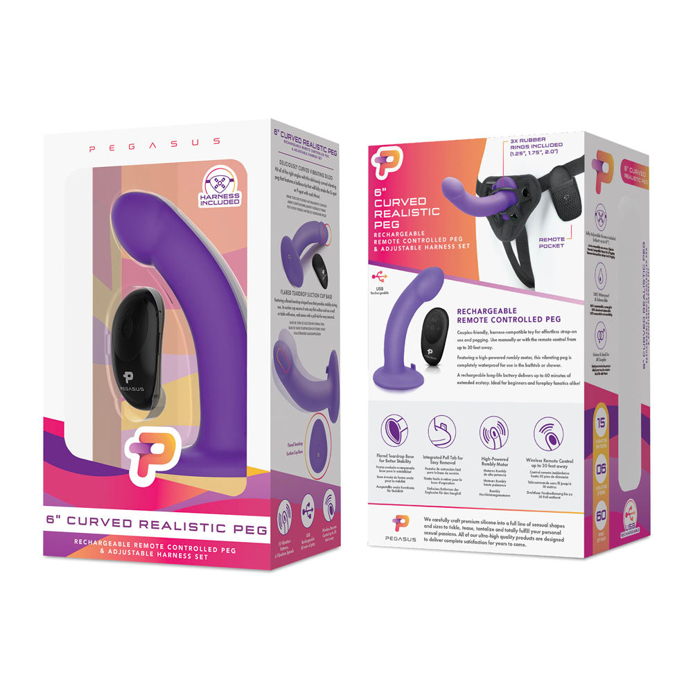 Pegasus 6 Inch Wireless Remote Curved Purple Peg With Harness > Dildos > Strap On Harnesses