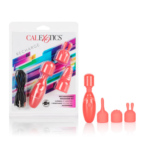 Rechargeable Massager Kit with Three Silicone Attachments and USB Charging in Coral Red Finger Stimulator