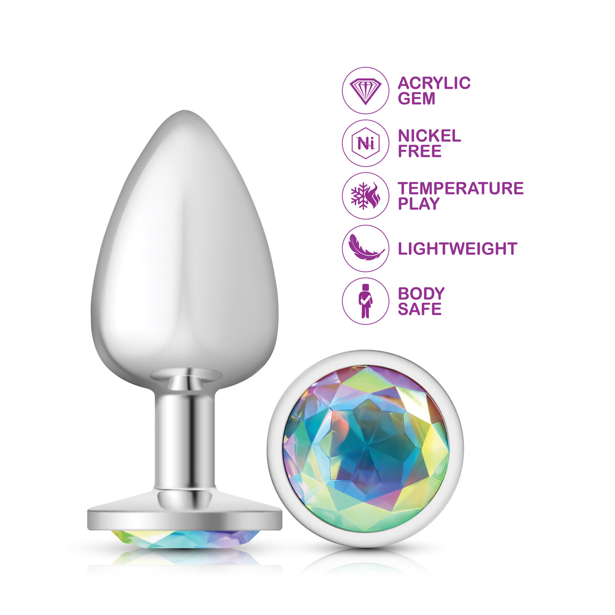 Cheeky Charms Silver Round Butt Plug with Clear Iridescent Jewel Large (9.12cm) > Anal Range > Jewel Butt Plugs