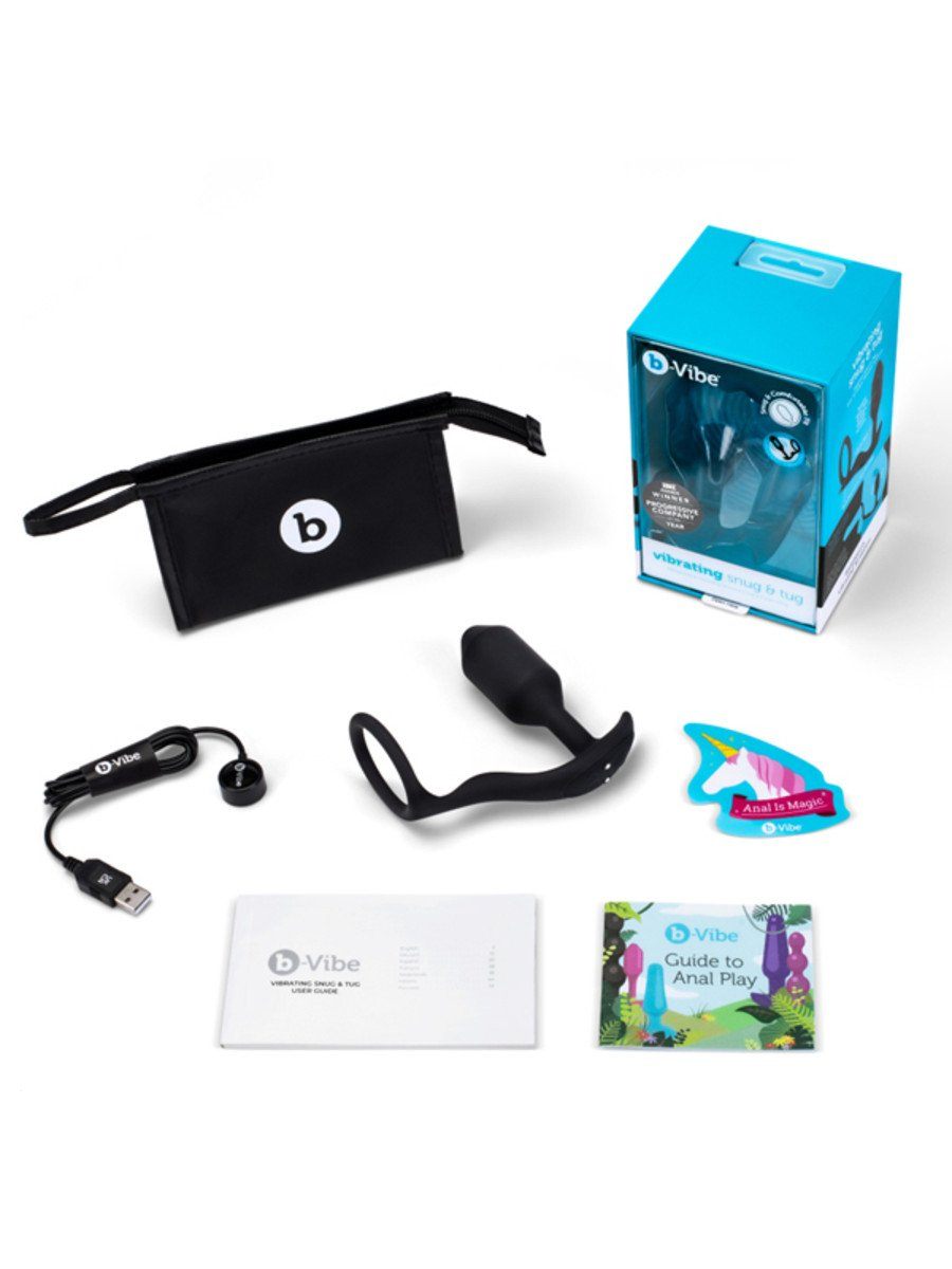 b-Vibe Vibrating Snug and Tug Medium Black Penis Ring and Weighted Butt Plug > Anal Range > Vibrating Butt Plugs