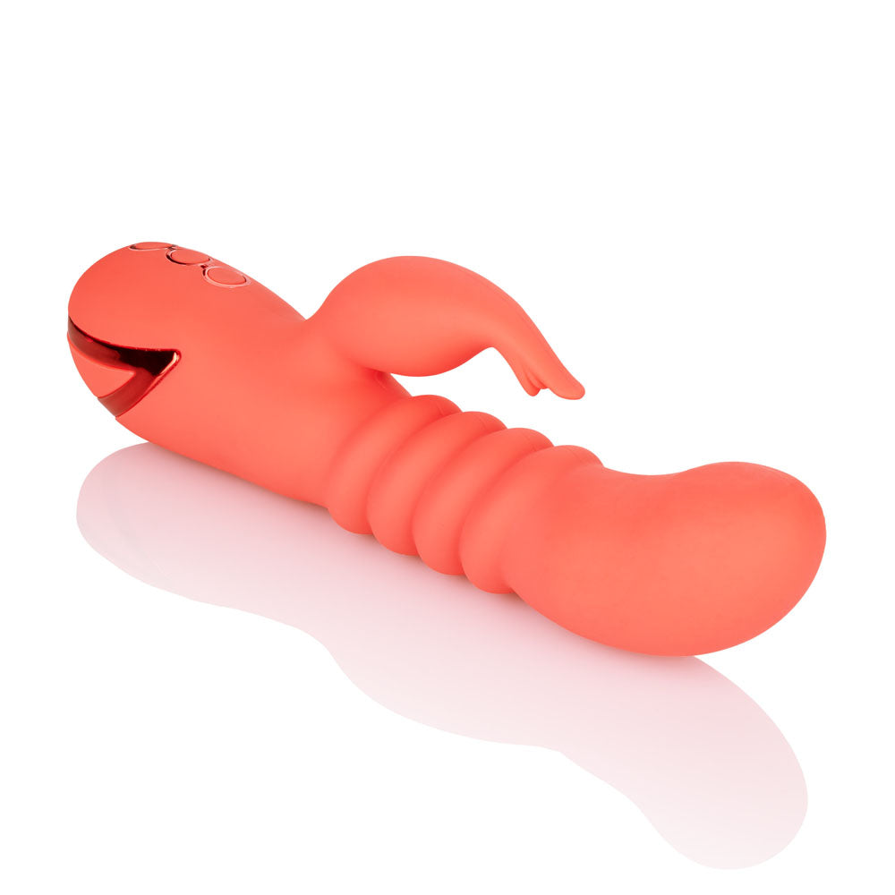 California Dreaming Orange County Cutie Ergonomic Dual Action Rechargeable Massager with Thrusting and Vibrations Orange > Vibrators > Ladies > Rabbit Multi