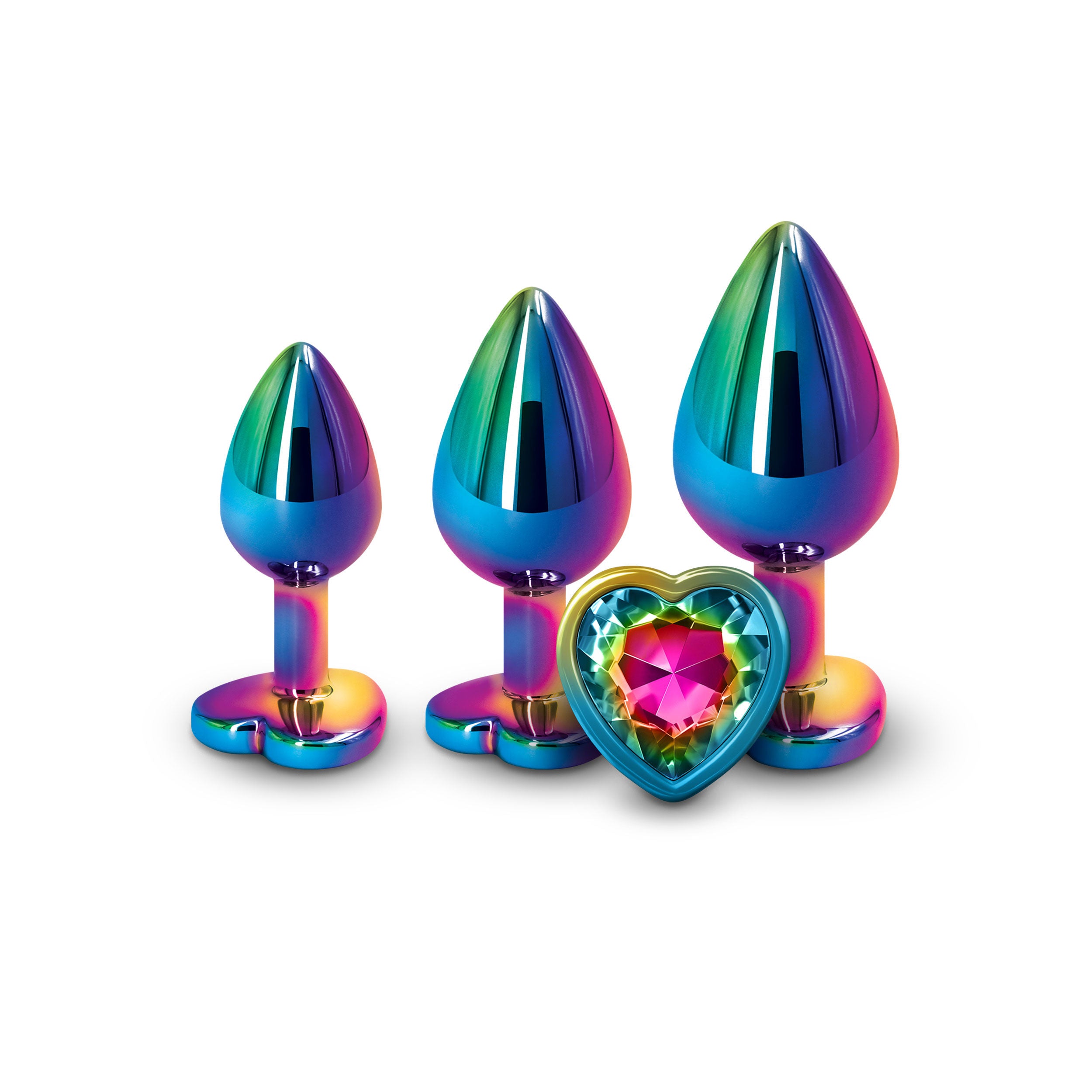 Rear Assets Trainer Kit (Multicolor) – Chrome-Plated Graduated Metal Butt Plug Set with Heart Jewel > Anal Range > Jewel Butt Plugs Main image