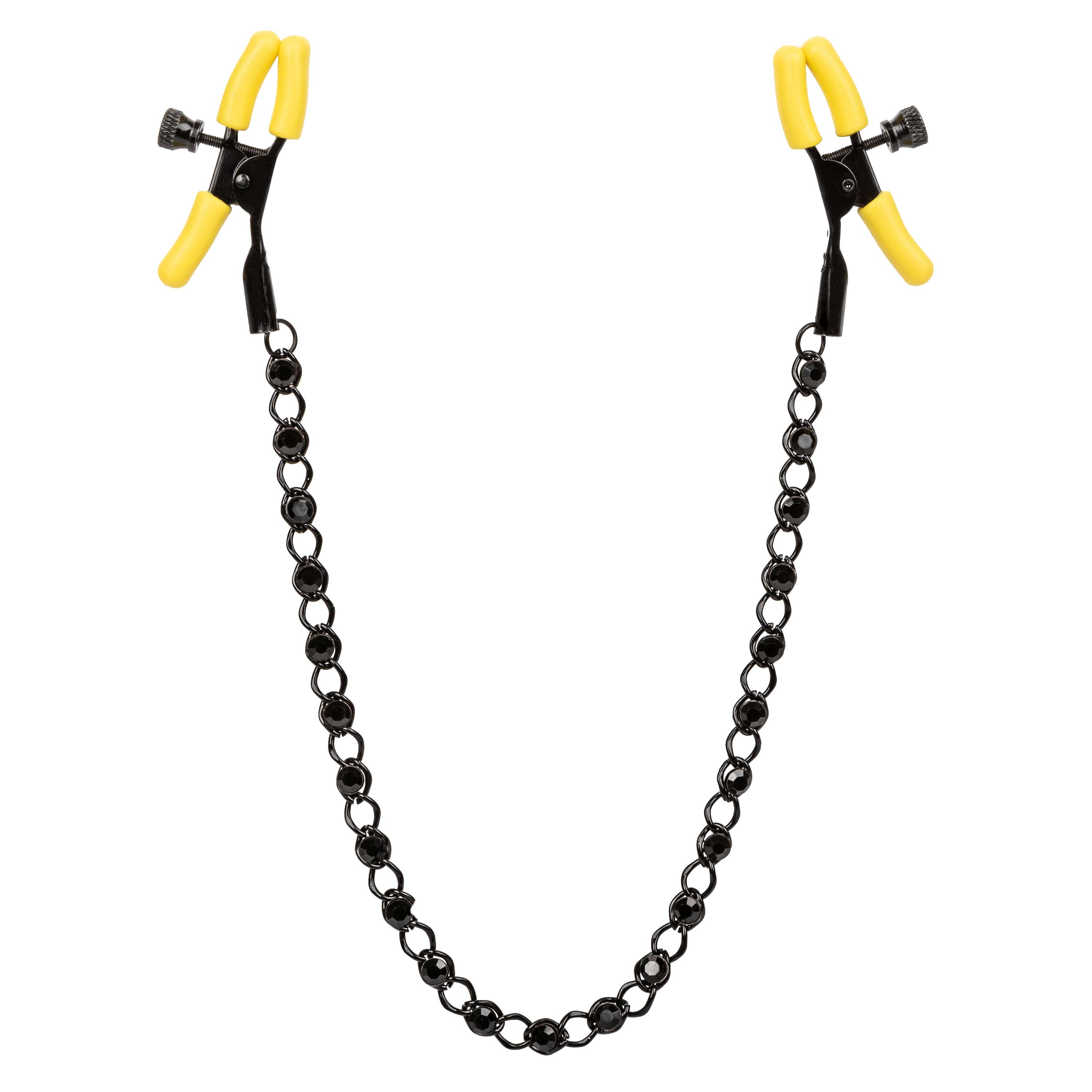Boundless Nipple Teasers Adjustable Black Chain with Yellow Silicone Coated Clamps and Crystal Adornments > Sex Toys > Nipple Clamps Main image