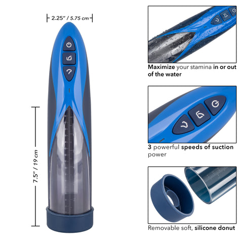 Optimum Series Rechargeable Waterproof Pump with Silicone Donut Base and USB Charging, Blue and Clear, Medium Size PUMPS Male Electric