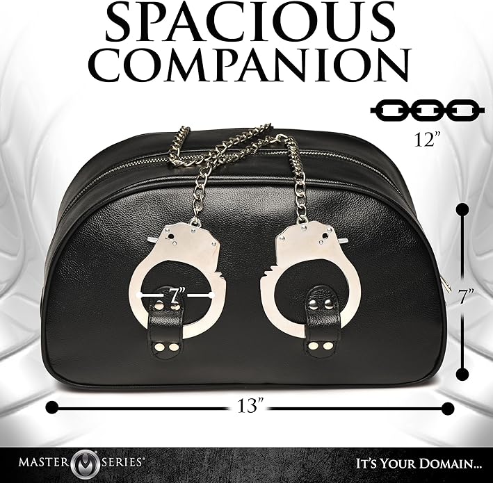 Master Series Cuffed and Loaded Black Vegan Leather Travel Bag with Handcuff Handles 13 x 7.25 x 7 Inches > Essentials > Toy Storage