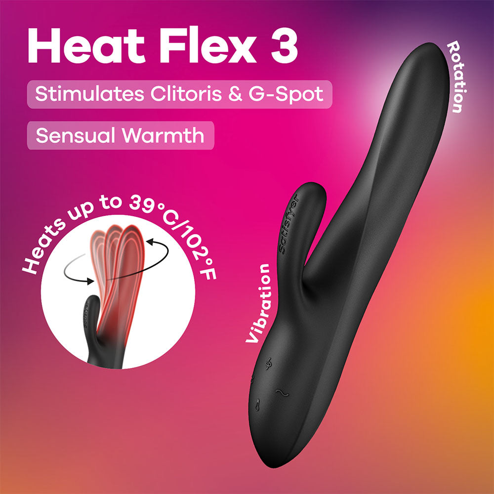 Satisfyer Heat Flex 3 – 23cm Rechargeable Warming Rotating Rabbit Vibrator Black > Vibrators > Ladies > Rabbit