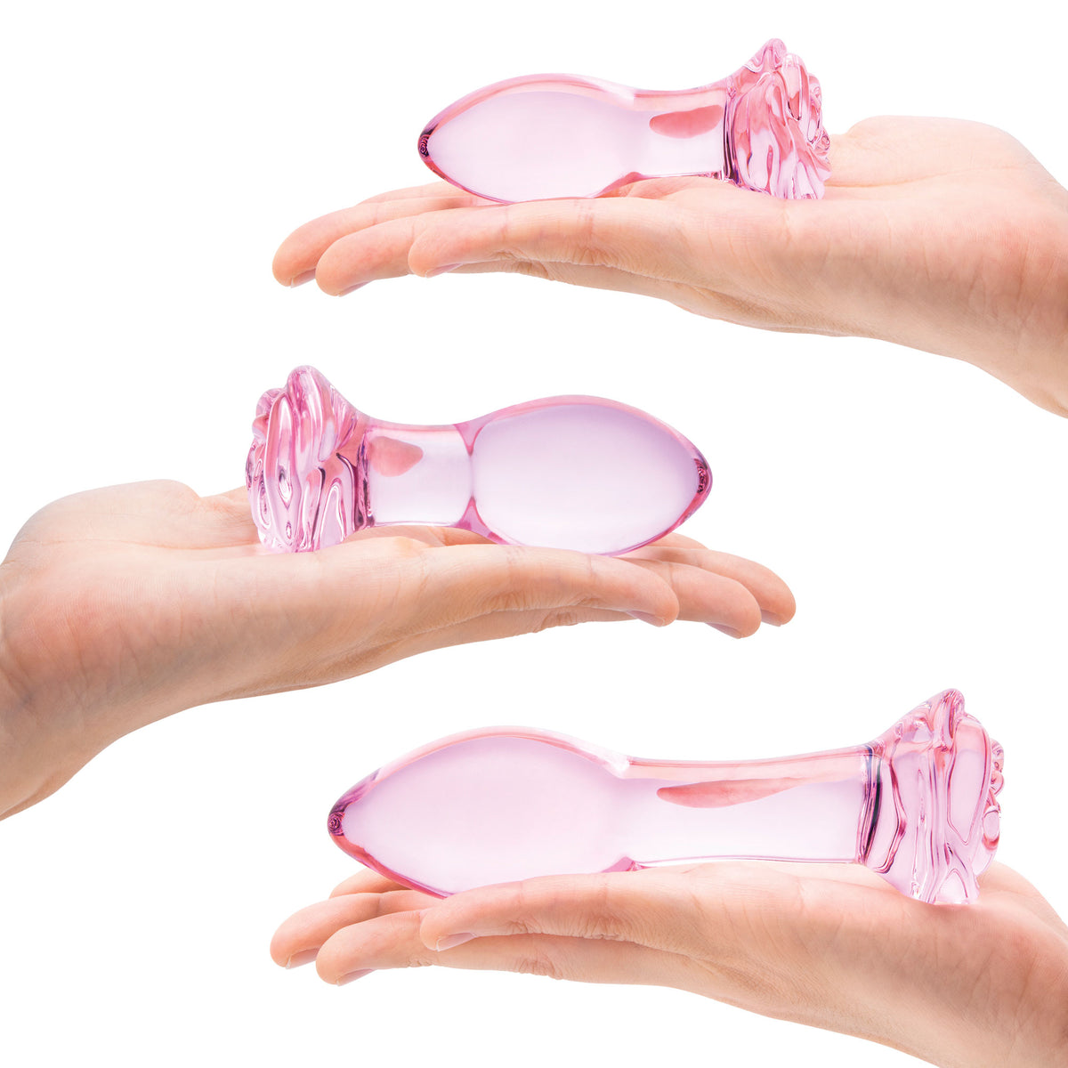 Glas 3PC Rosebud Butt Plug Set Pink Handblown Glass Anal Training Set 3.5, 4.5, and 5.5 Inches > Glass > Toys