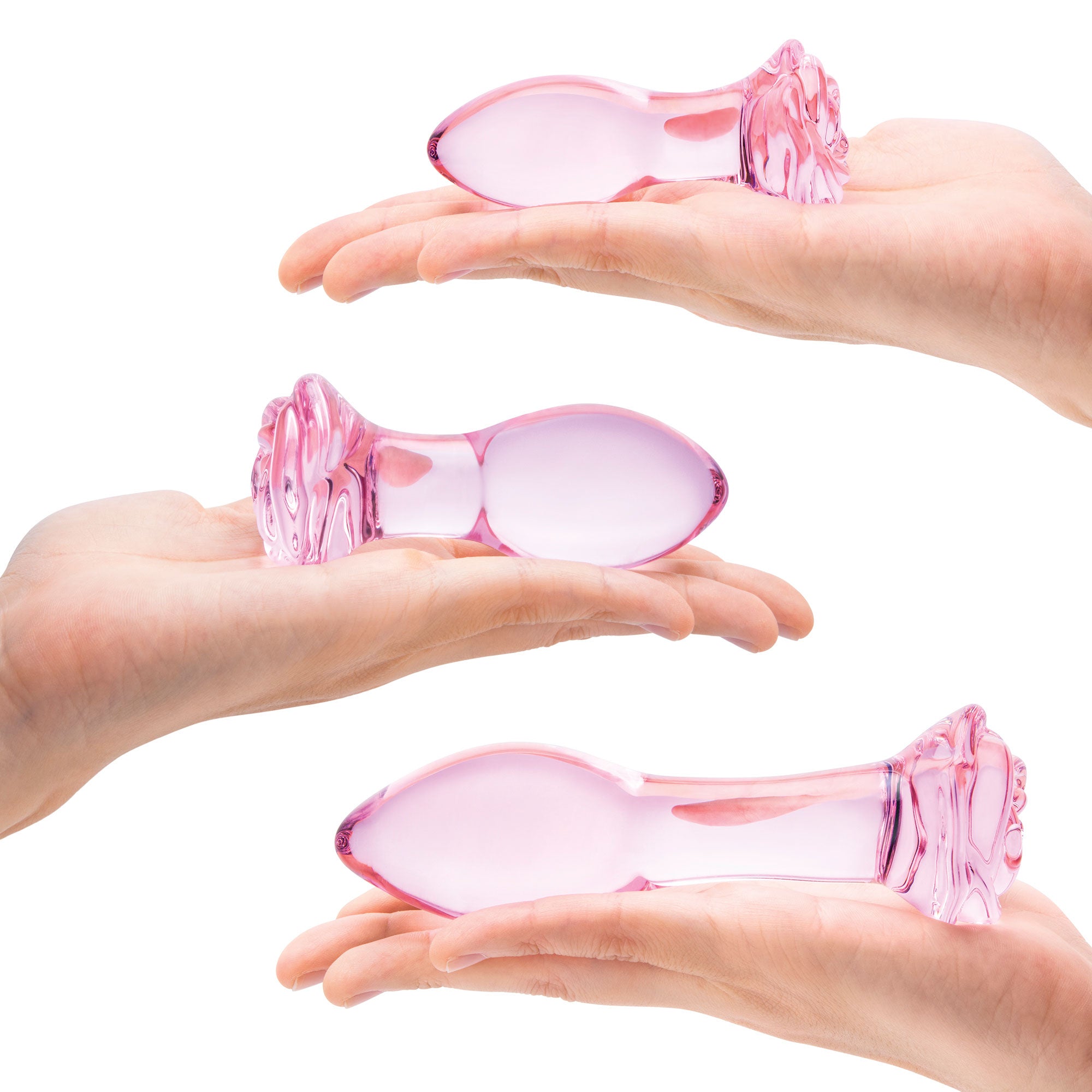 Glas 3PC Rosebud Butt Plug Set Pink Handblown Glass Anal Training Set 3.5, 4.5, and 5.5 Inches > Glass > Toys