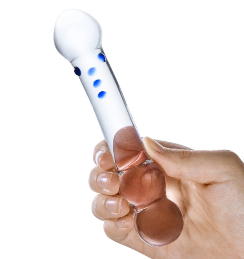 Glas 6 Inch Textured Clear Glass G-Spot Dildo with Blue Accents