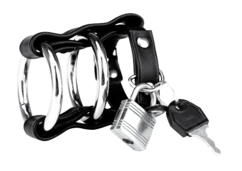 Blue Line Metal Cock Ring With Locking Ball Strap and Adjustable Leather Strap