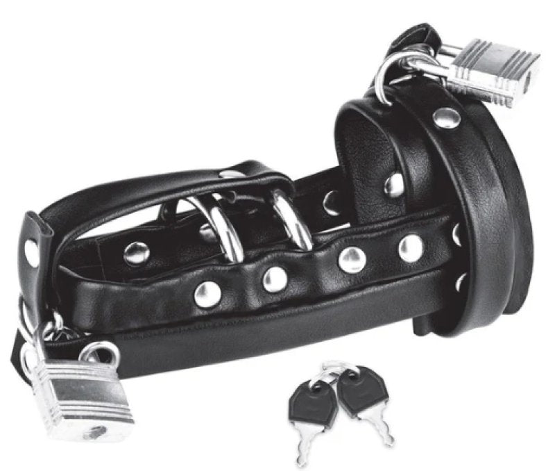 Blue Line Gimp Cock Locking Chastity Sheath With Double Metal Cock Rings and Adjustable Strap