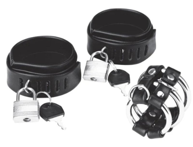Blue Line Locking Ball Stretcher Cock Ring and Three-Ring Cock Cage Set > Clothes > Mens Leather