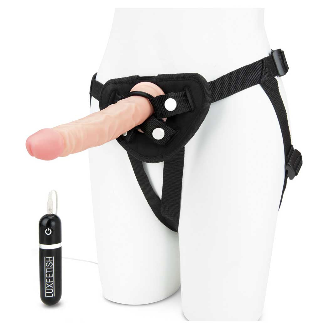 Lux Fetish 6.5 Inch Realistic Flesh Vibrating Dildo with Black Adjustable Strap-on Harness > Dildos > Strap On Harnesses