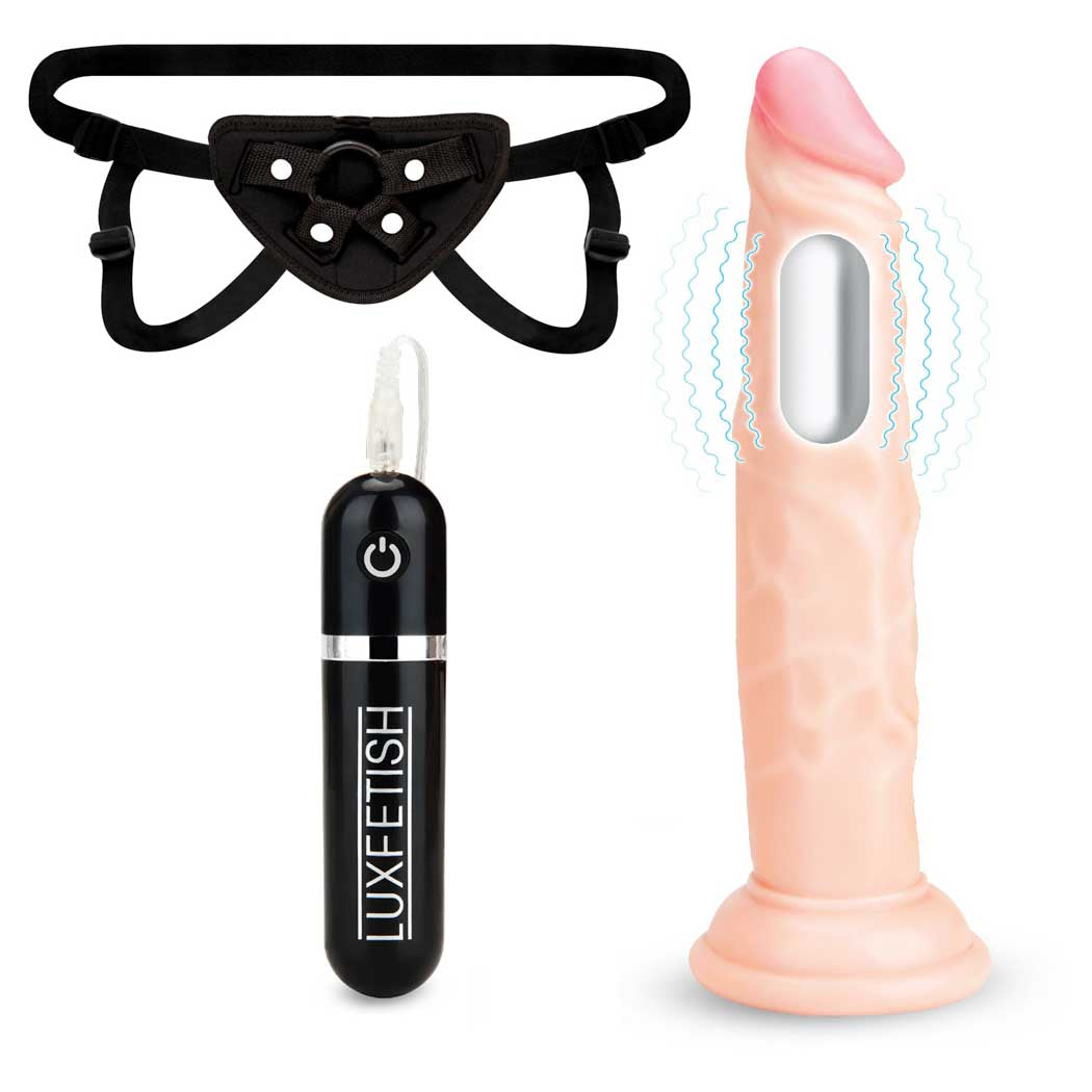 Lux Fetish 6.5 Inch Realistic Flesh Vibrating Dildo with Black Adjustable Strap-on Harness > Dildos > Strap On Harnesses