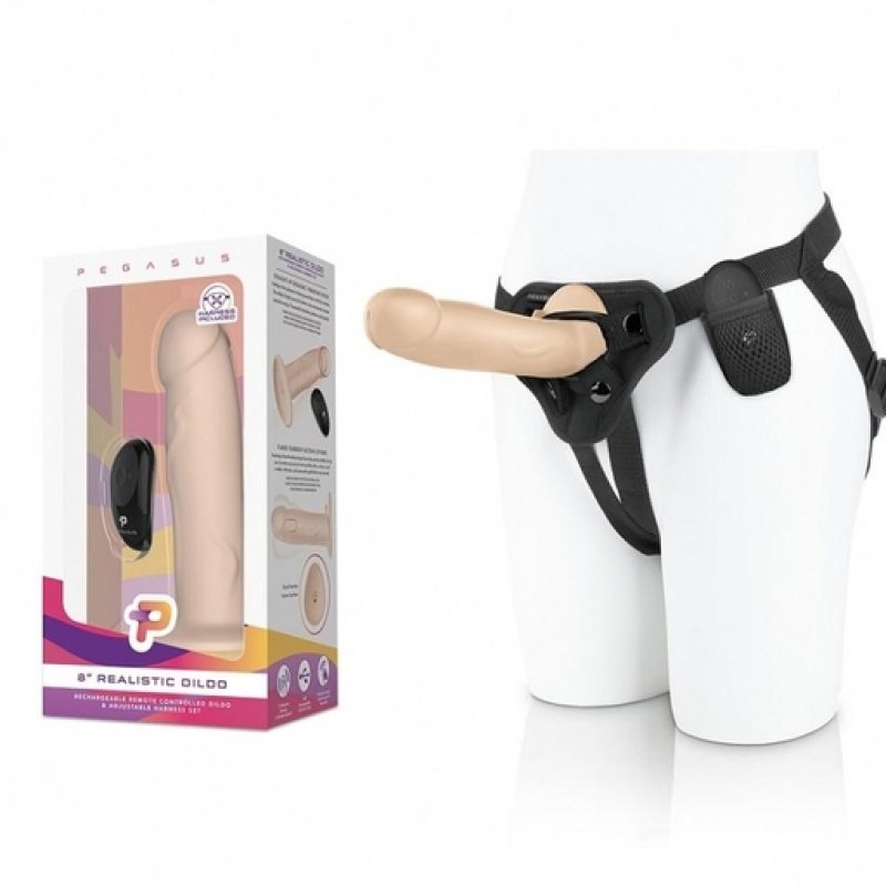 Pegasus 8 Inch Realistic Skin Tone Dildo Remote Controlled with Adjustable Harness Set