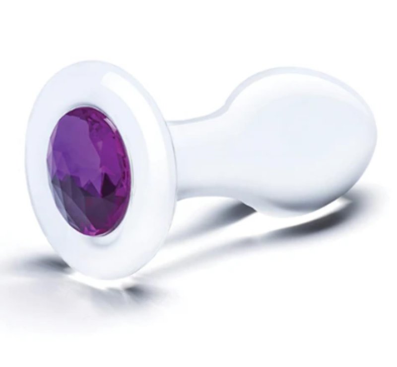 Glas 3.5 Inch Bling Bling Glass Butt Plug With Gem Base in Clear or Dark Hue
