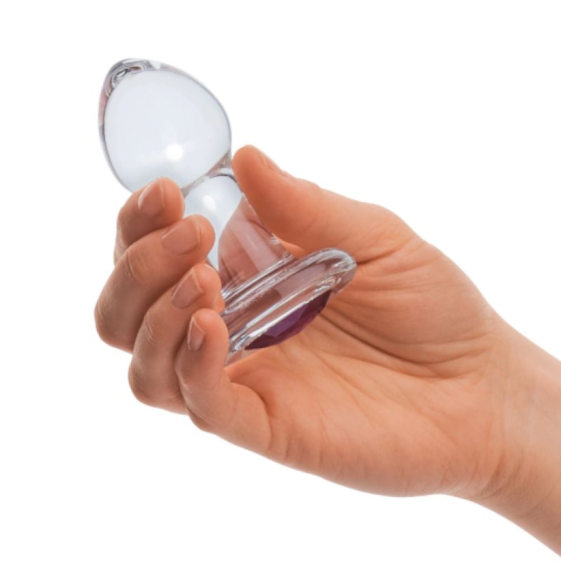 Glas 3.5 Inch Bling Bling Glass Butt Plug With Gem Base in Clear or Dark Hue