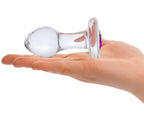 Glas 3.5 Inch Bling Bling Glass Butt Plug With Gem Base in Clear or Dark Hue