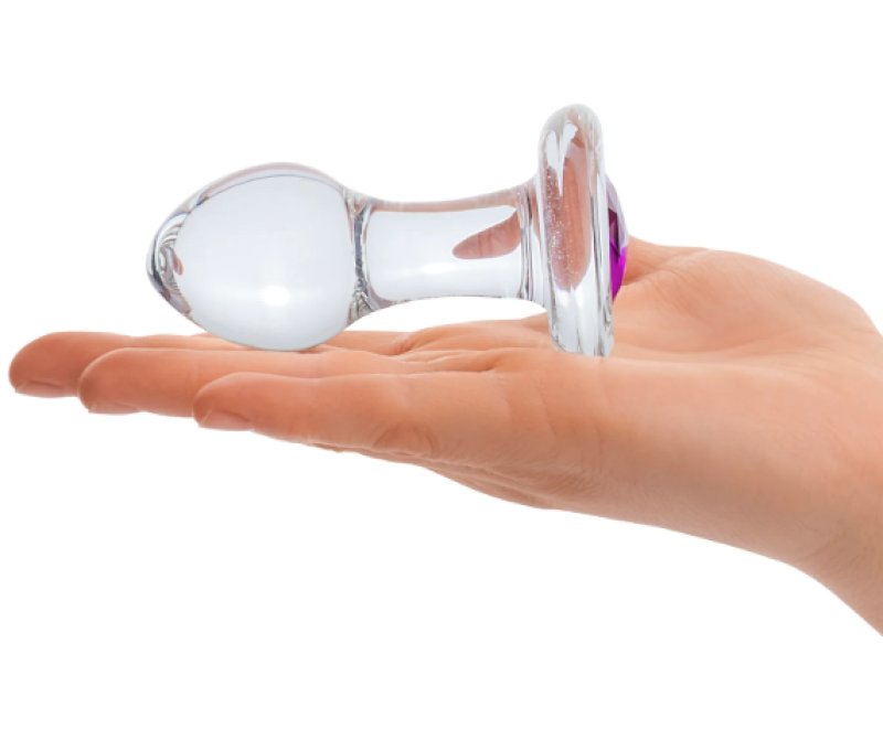 Glas 3.5 Inch Bling Bling Glass Butt Plug With Gem Base in Clear or Dark Hue