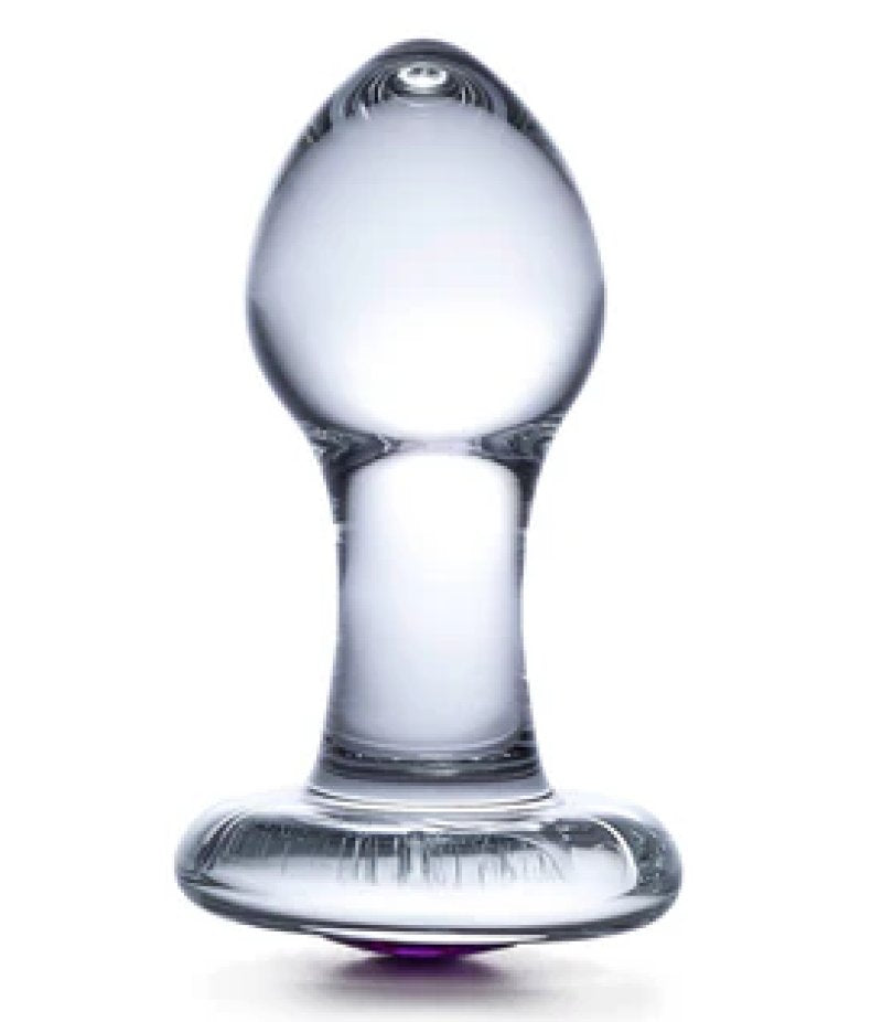 Glas 3.5 Inch Bling Bling Glass Butt Plug With Gem Base in Clear or Dark Hue