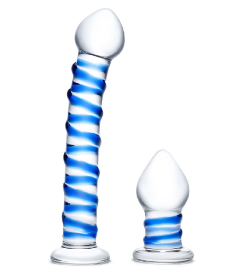 Glas 7.5 Inch and 3 Inch 2pc Double Penetration Blue and Clear Swirly Glass Dildo and Buttplug Set > Glass > Dildos