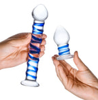 Glas 7.5 Inch and 3 Inch 2pc Double Penetration Blue and Clear Swirly Glass Dildo and Buttplug Set > Glass > Dildos