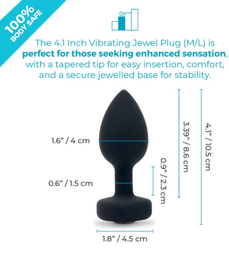 b-Vibe Vibrating Jewel Plug M/L Black Silicone Anal Toy (8.6 cm insertable)