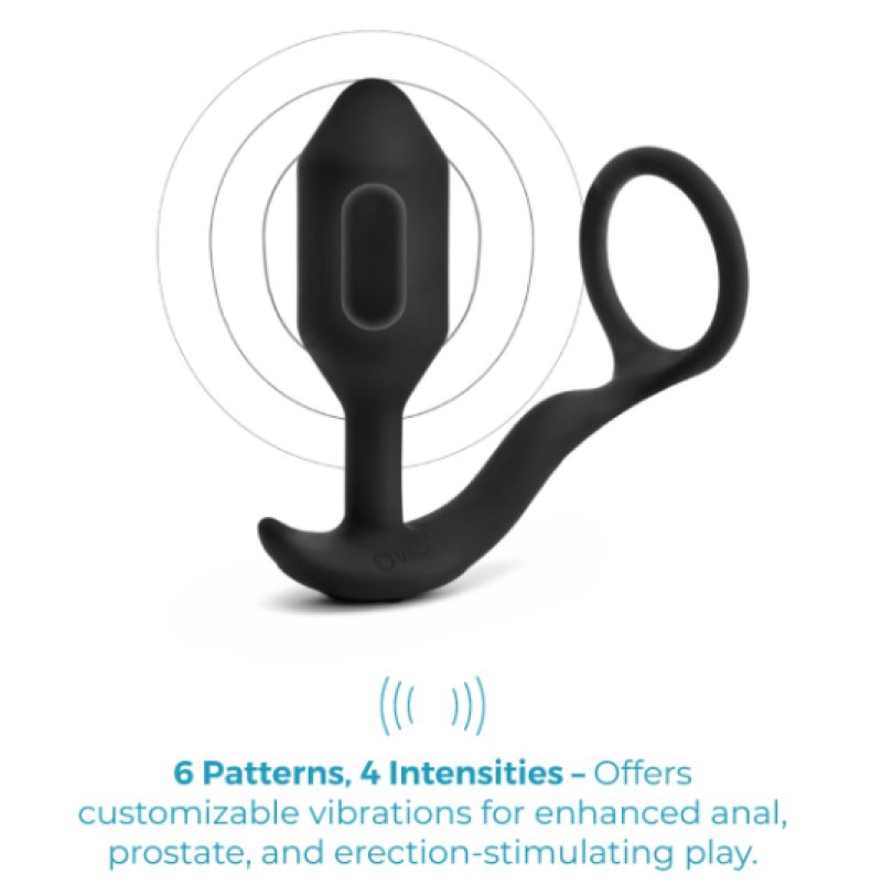 b-Vibe Vibrating Snug and Tug Medium Black Penis Ring and Weighted Butt Plug > Anal Range > Vibrating Butt Plugs
