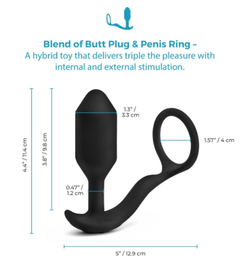 b-Vibe Vibrating Snug and Tug Medium Black Penis Ring and Weighted Butt Plug > Anal Range > Vibrating Butt Plugs