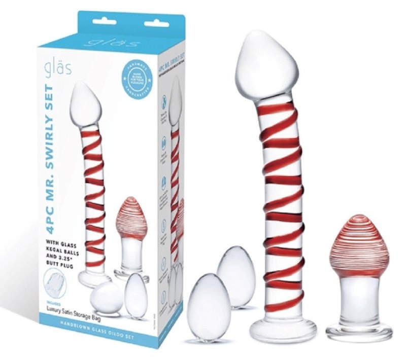 Glas 4-Piece Mr. Swirly Set with Red Swirl Kegal Balls and 3.25 Inch Butt Plug