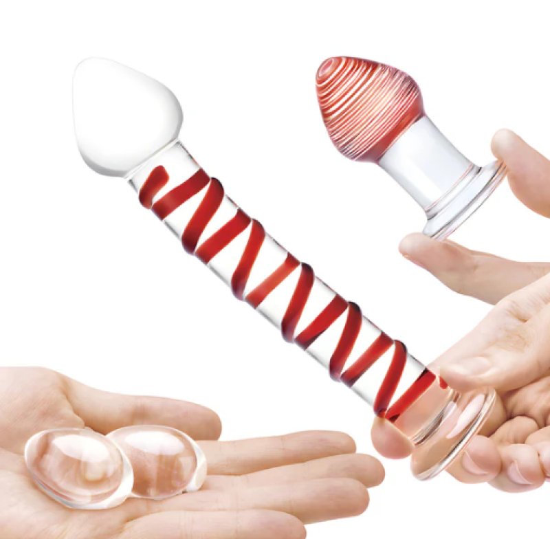 Glas 4-Piece Mr. Swirly Set with Red Swirl Kegal Balls and 3.25 Inch Butt Plug